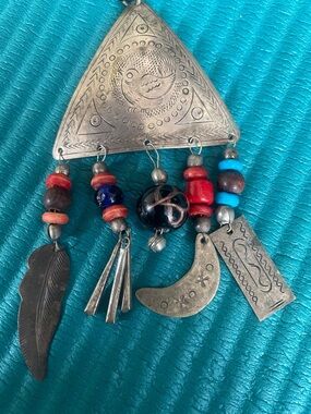 Boho Tribal Silver Pendant Necklace with Red and Turquoise Beads
